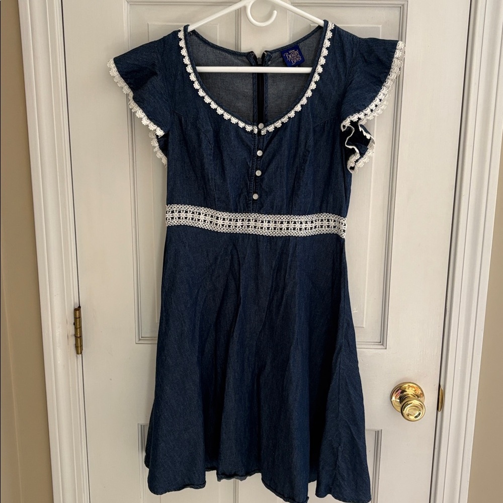 Disney Navy Blue Dress with White Lace Trim